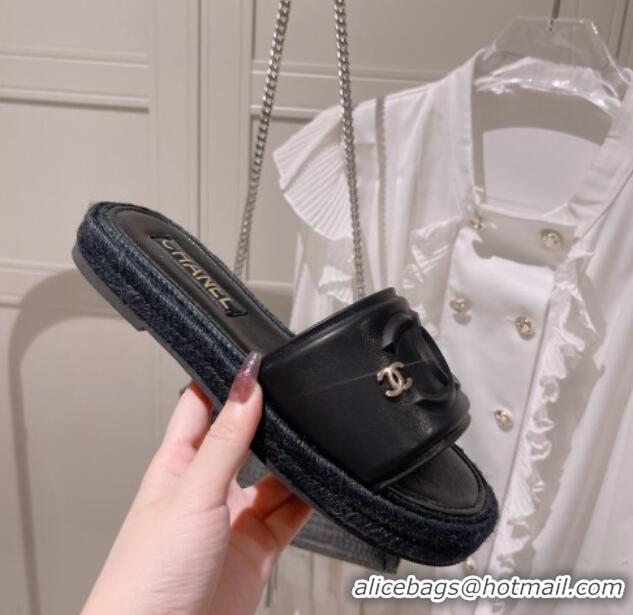 Best Price Chanel Calfskin Slide Sandals with Embossed CC Black 022710