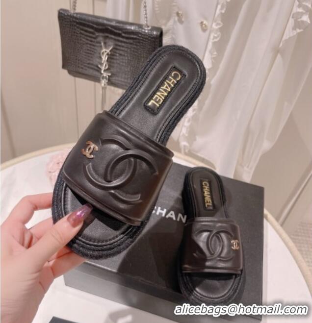 Best Price Chanel Calfskin Slide Sandals with Embossed CC Black 022710