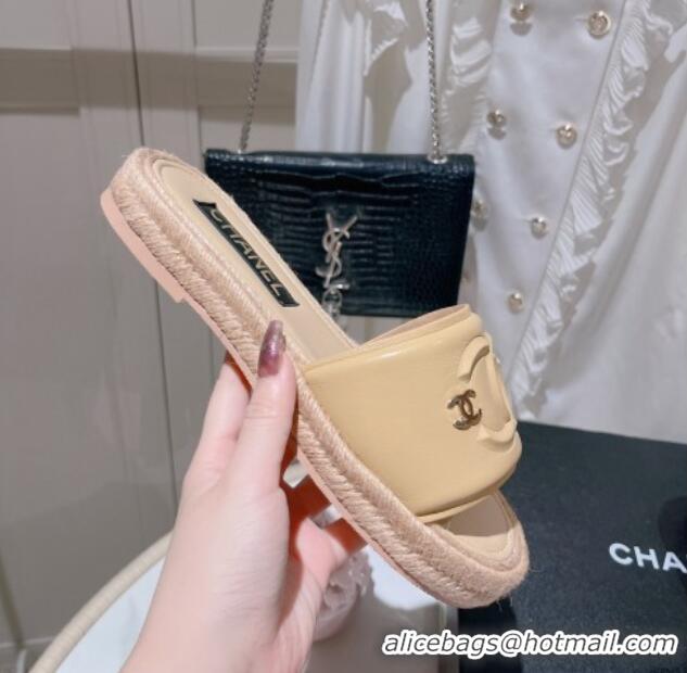 Perfect Chanel Calfskin Slide Sandals with Embossed CC Beige 022712