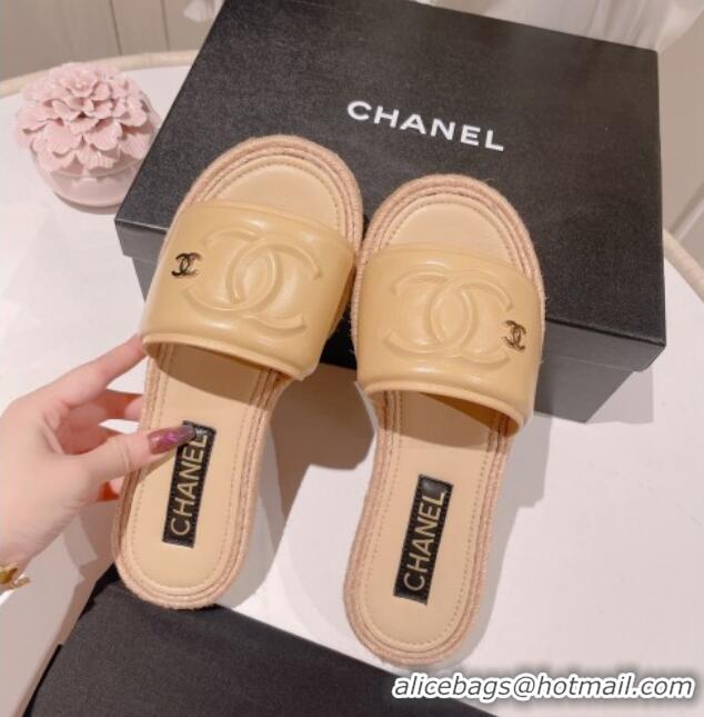 Perfect Chanel Calfskin Slide Sandals with Embossed CC Beige 022712