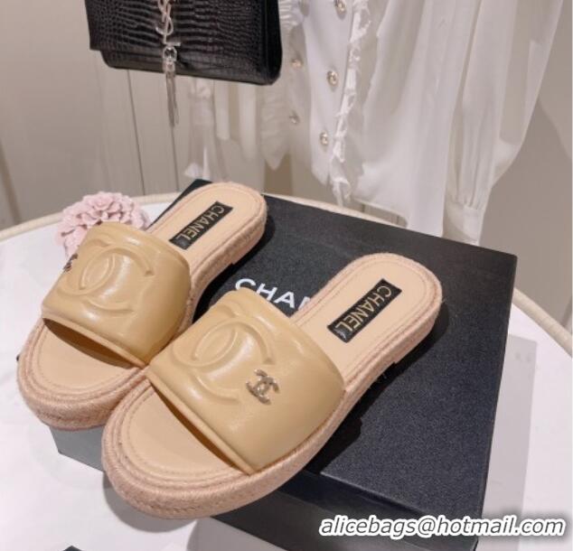 Perfect Chanel Calfskin Slide Sandals with Embossed CC Beige 022712