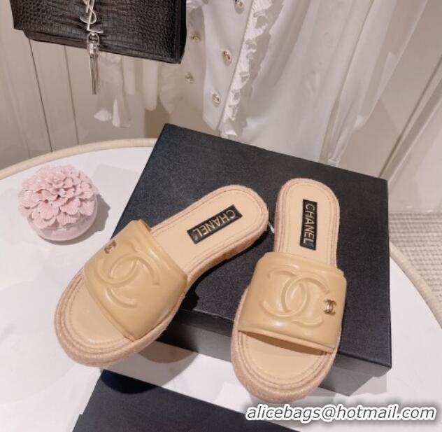 Perfect Chanel Calfskin Slide Sandals with Embossed CC Beige 022712