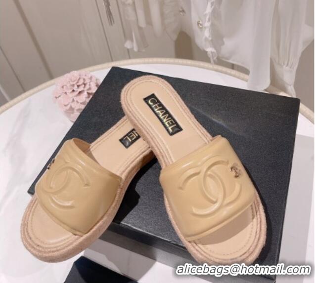 Perfect Chanel Calfskin Slide Sandals with Embossed CC Beige 022712