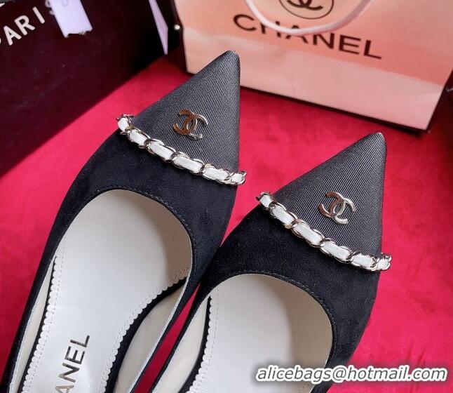 Stylish Chanel Suede Ballerinas with Chain Black 022713