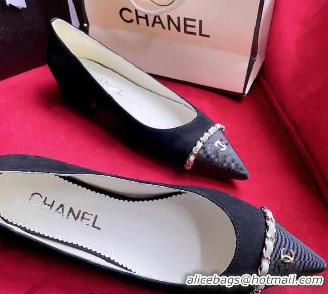 Stylish Chanel Suede Ballerinas with Chain Black 022713