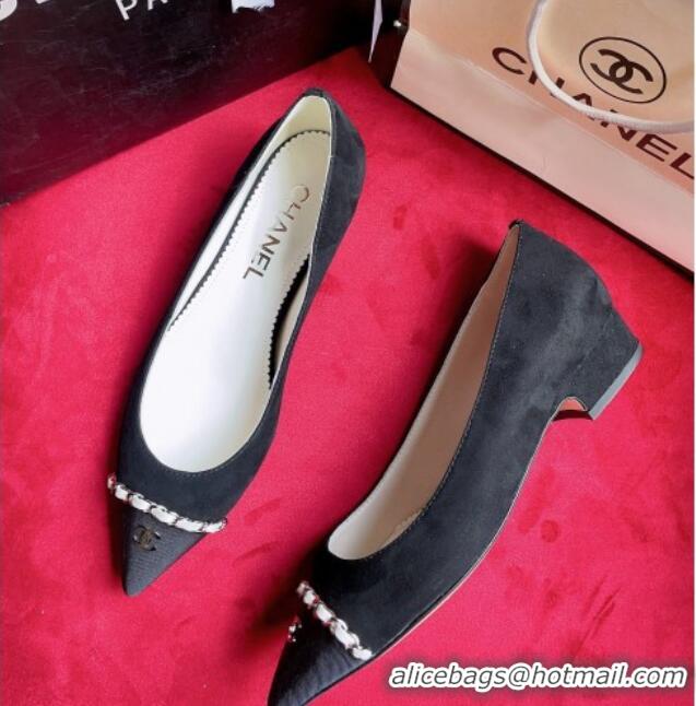 Stylish Chanel Suede Ballerinas with Chain Black 022713