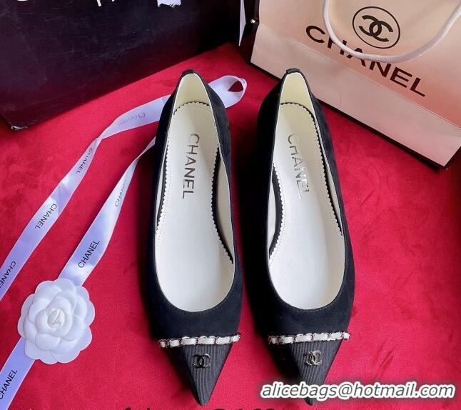 Stylish Chanel Suede Ballerinas with Chain Black 022713