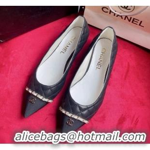 Duplicate Chanel Quilted Lambskin Ballerinas with Chain Black 022715