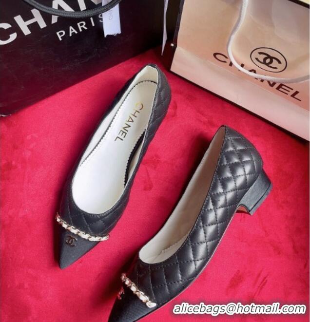 Duplicate Chanel Quilted Lambskin Ballerinas with Chain Black 022715