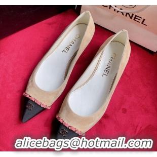 Sophisticated Chanel Suede Ballerinas with Chain Beige 022714