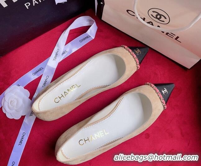 Sophisticated Chanel Suede Ballerinas with Chain Beige 022714