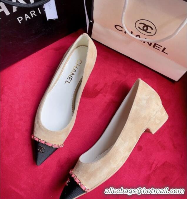 Sophisticated Chanel Suede Ballerinas with Chain Beige 022714