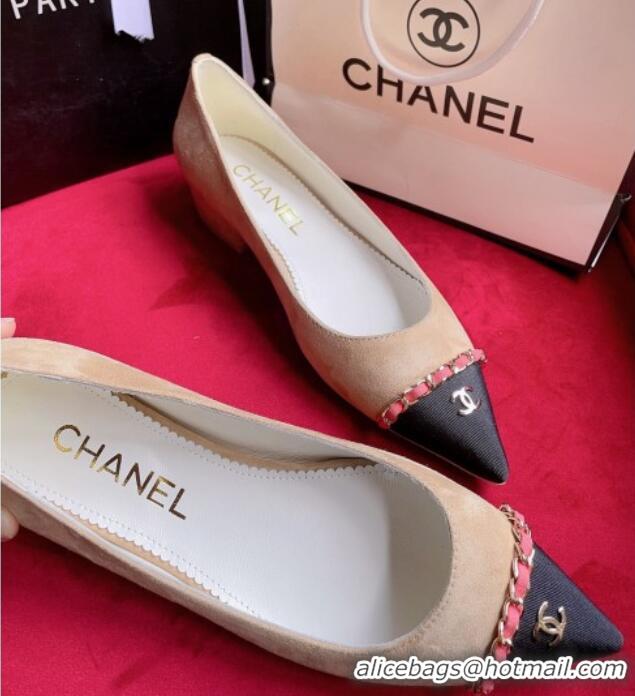 Sophisticated Chanel Suede Ballerinas with Chain Beige 022714