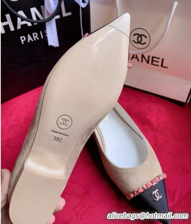 Sophisticated Chanel Suede Ballerinas with Chain Beige 022714