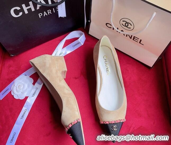 Sophisticated Chanel Suede Ballerinas with Chain Beige 022714