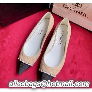 Sumptuous Chanel Quilted Lambskin Ballerinas with Chain Beige 22716