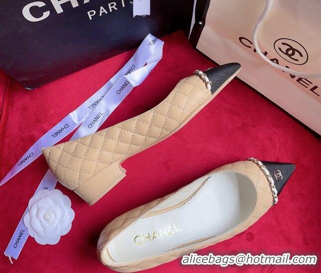 Sumptuous Chanel Quilted Lambskin Ballerinas with Chain Beige 22716