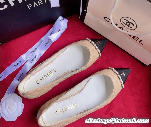 Sumptuous Chanel Quilted Lambskin Ballerinas with Chain Beige 22716