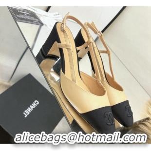 Good Quality Chanel Lambskin & Grosgrain Slingback Pumps 6.5cm Beige 022718