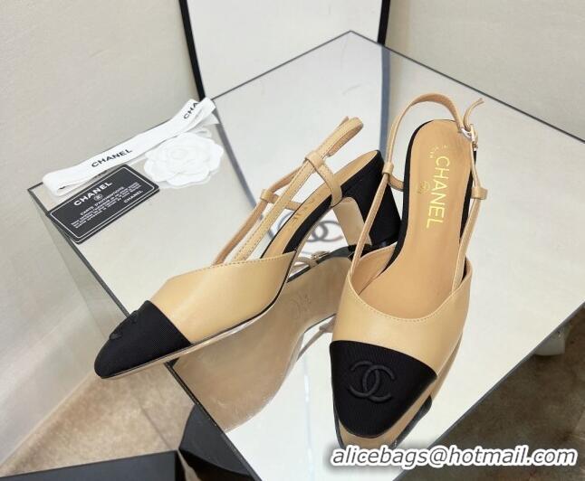 Good Quality Chanel Lambskin & Grosgrain Slingback Pumps 6.5cm Beige 022718