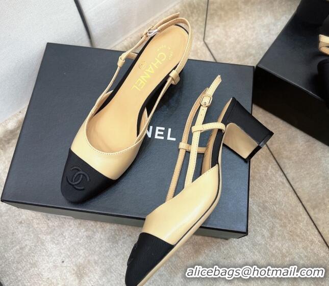 Good Quality Chanel Lambskin & Grosgrain Slingback Pumps 6.5cm Beige 022718