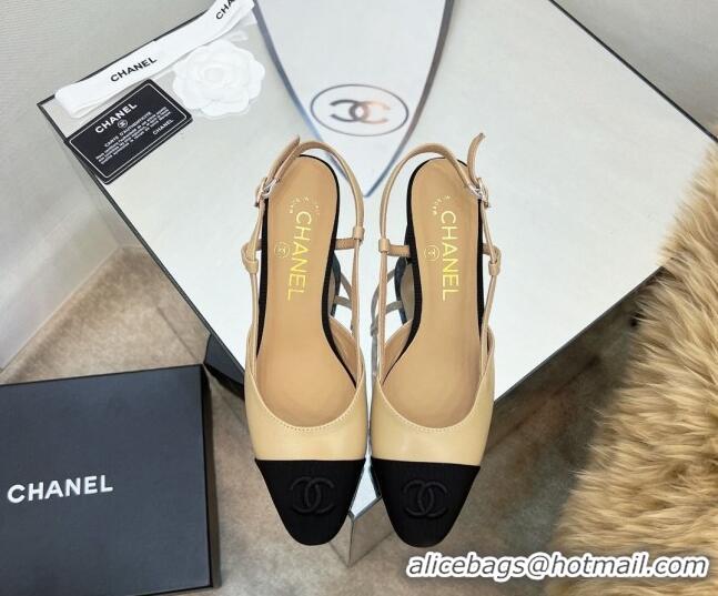 Good Quality Chanel Lambskin & Grosgrain Slingback Pumps 6.5cm Beige 022718