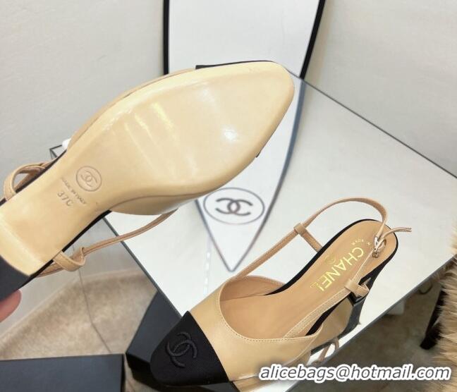 Good Quality Chanel Lambskin & Grosgrain Slingback Pumps 6.5cm Beige 022718