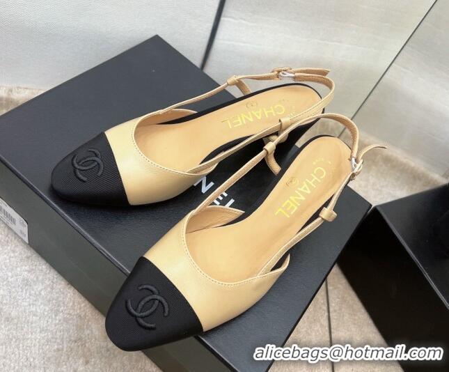 Good Quality Chanel Lambskin & Grosgrain Slingback Pumps 6.5cm Beige 022718