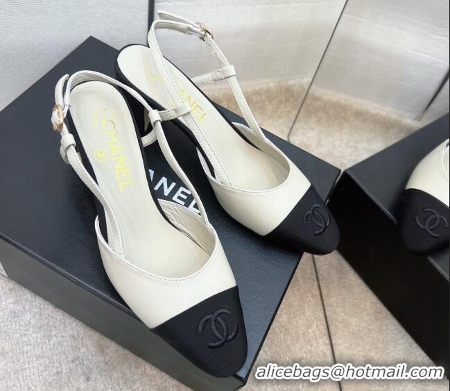 Stylish Chanel Lambskin & Grosgrain Slingback Pumps 6.5cm  White 022719