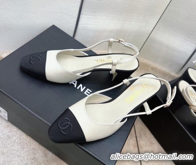 Stylish Chanel Lambskin & Grosgrain Slingback Pumps 6.5cm  White 022719