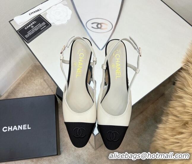 Stylish Chanel Lambskin & Grosgrain Slingback Pumps 6.5cm  White 022719