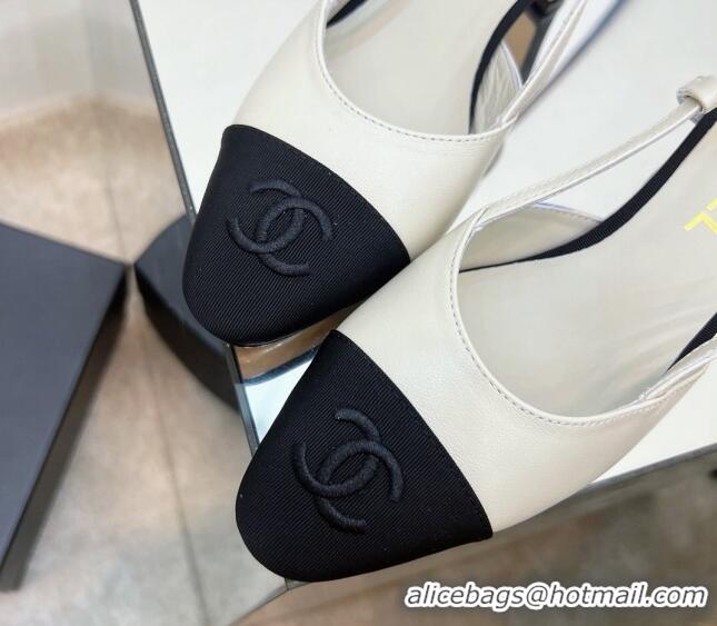 Stylish Chanel Lambskin & Grosgrain Slingback Pumps 6.5cm  White 022719