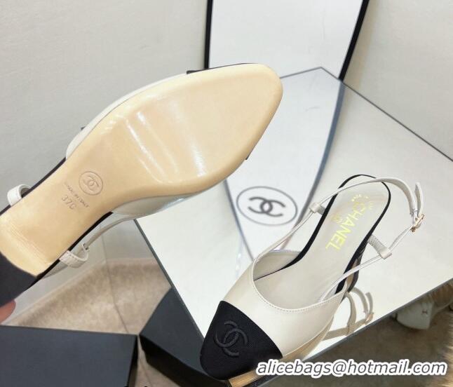 Stylish Chanel Lambskin & Grosgrain Slingback Pumps 6.5cm  White 022719