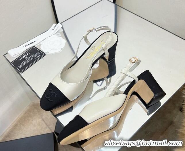 Stylish Chanel Lambskin & Grosgrain Slingback Pumps 6.5cm  White 022719