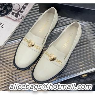 Top Grade Chanel Calfskin Loafers with Love Charm White 022721