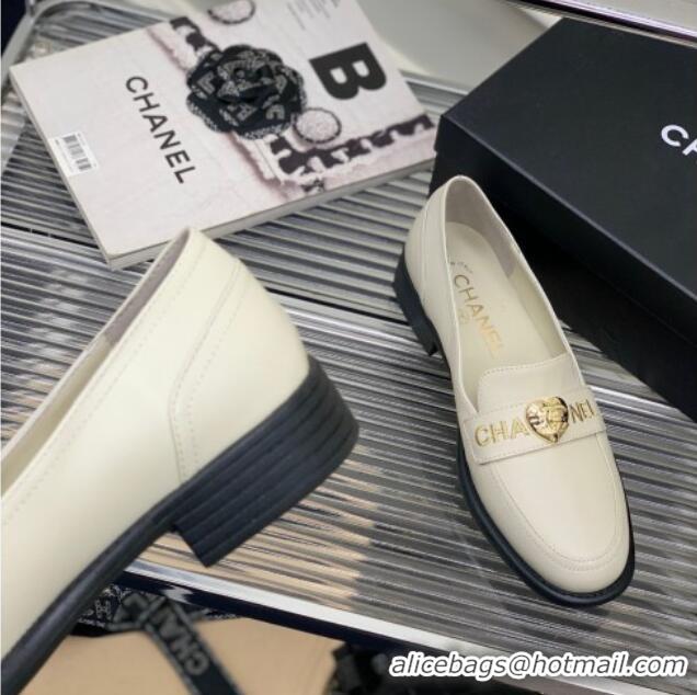 Top Grade Chanel Calfskin Loafers with Love Charm White 022721