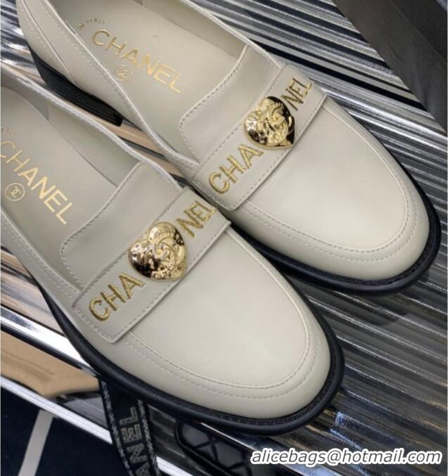 Top Grade Chanel Calfskin Loafers with Love Charm White 022721