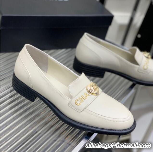 Top Grade Chanel Calfskin Loafers with Love Charm White 022721