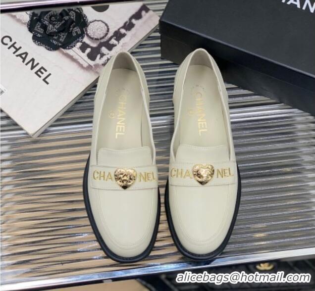 Top Grade Chanel Calfskin Loafers with Love Charm White 022721