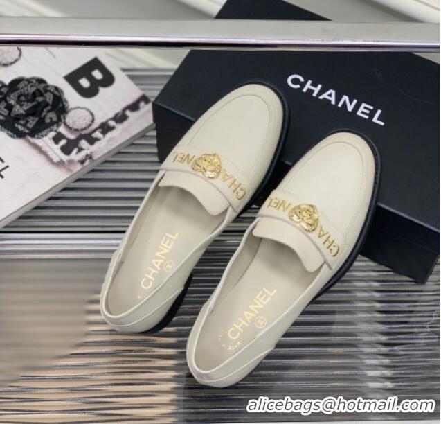 Top Grade Chanel Calfskin Loafers with Love Charm White 022721