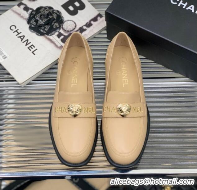 Pretty Style Chanel Calfskin Loafers with Love Charm Beige 022723