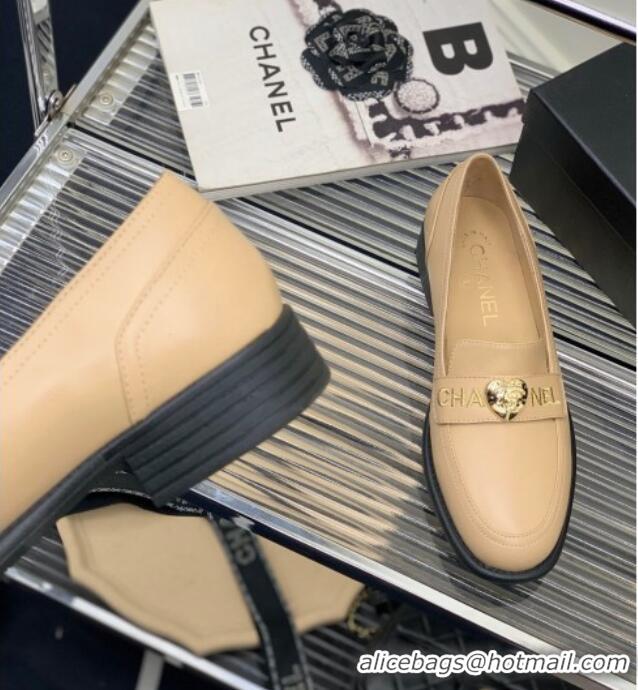 Pretty Style Chanel Calfskin Loafers with Love Charm Beige 022723