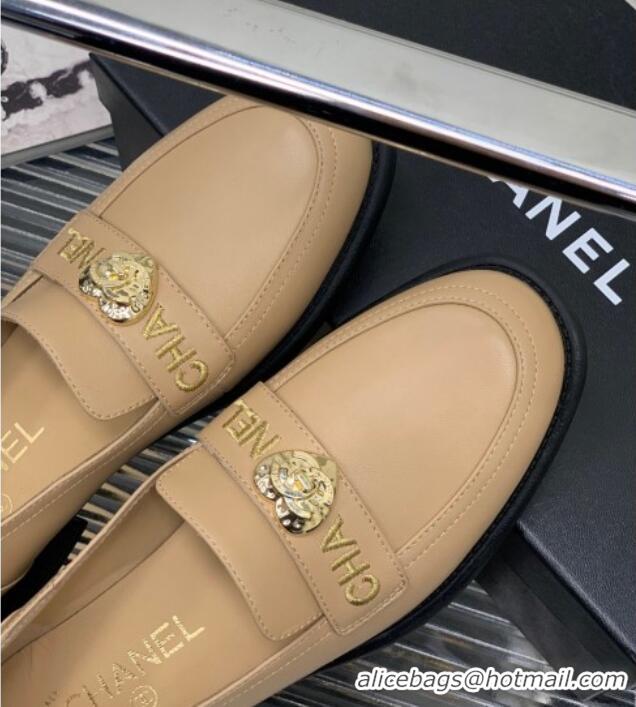 Pretty Style Chanel Calfskin Loafers with Love Charm Beige 022723