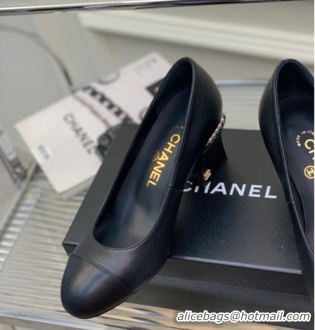 Good Looking Chanel Calfskin Pearls 4.5cm Heel Pumps Black 022724