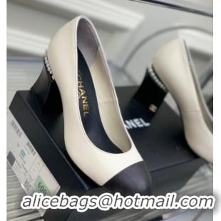 Perfect Chanel Calfskin Pearls 4.5cm Heel Pumps 022724 White