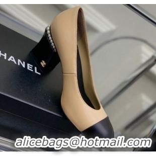 Unique Style Chanel Calfskin Pearls 4.5cm Heel Pumps 022724 Beige