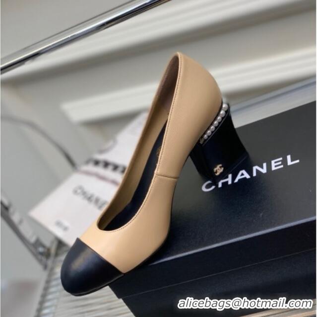 Unique Style Chanel Calfskin Pearls 4.5cm Heel Pumps 022724 Beige