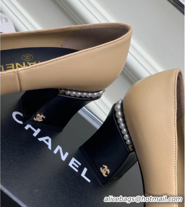 Unique Style Chanel Calfskin Pearls 4.5cm Heel Pumps 022724 Beige