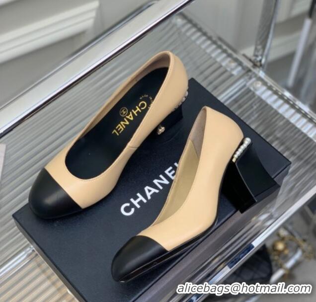 Unique Style Chanel Calfskin Pearls 4.5cm Heel Pumps 022724 Beige