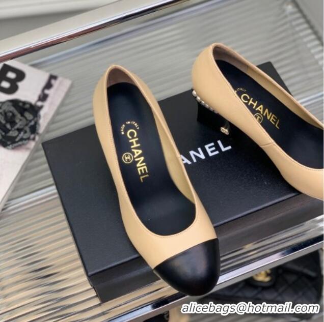 Unique Style Chanel Calfskin Pearls 4.5cm Heel Pumps 022724 Beige